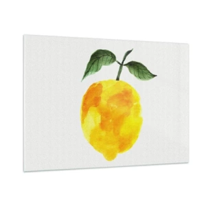 Obraz na szkle - Cytryna w stylu akwarelowym z zielonymi liśćmi - 100x70cm - Jak poznać smak słońca - Nowoczesna dekoracja ścienna do salonu, kuchni i sypialni ARTTOR