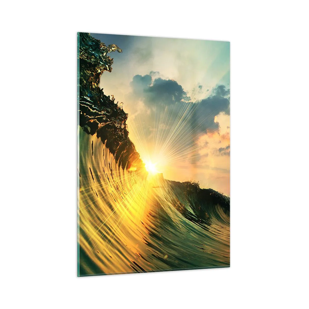 Obraz na szkle - Zachodzące słońce oświetlające fale oceanu - 50x70cm - Surferze, gdzie jesteś? - Nowoczesna dekoracja ścienna do salonu, kuchni i sypialni ARTTOR