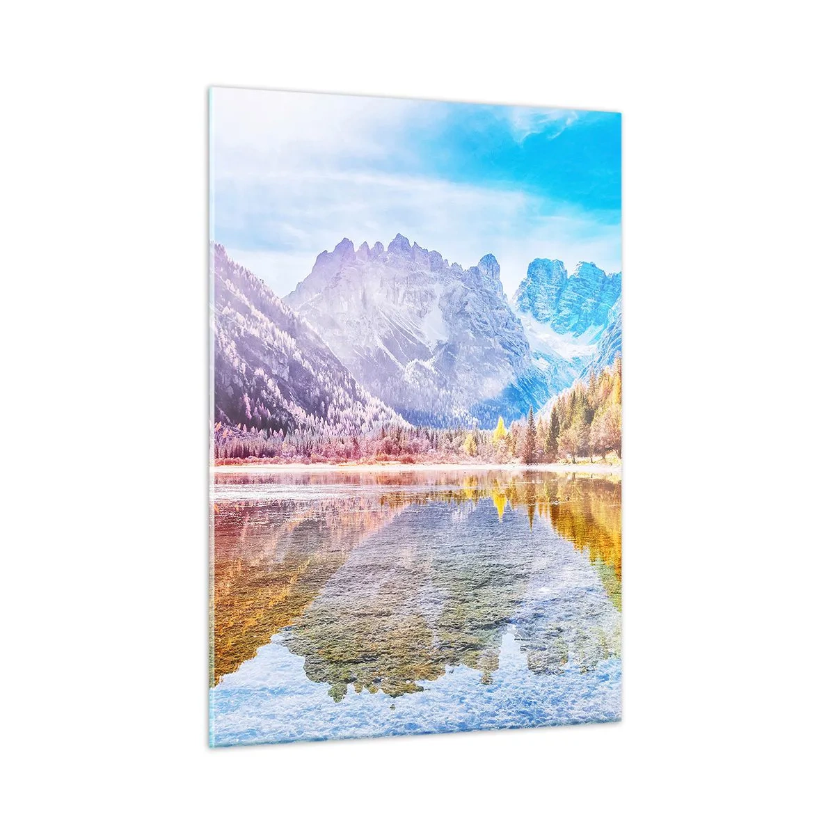Obraz na szkle - Jesienne góry odbijające się w jeziorze, w otoczeniu kolorowych drzew - 50x70cm - A w górach już jesień - Nowoczesna dekoracja ścienna do salonu, kuchni i sypialni ARTTOR