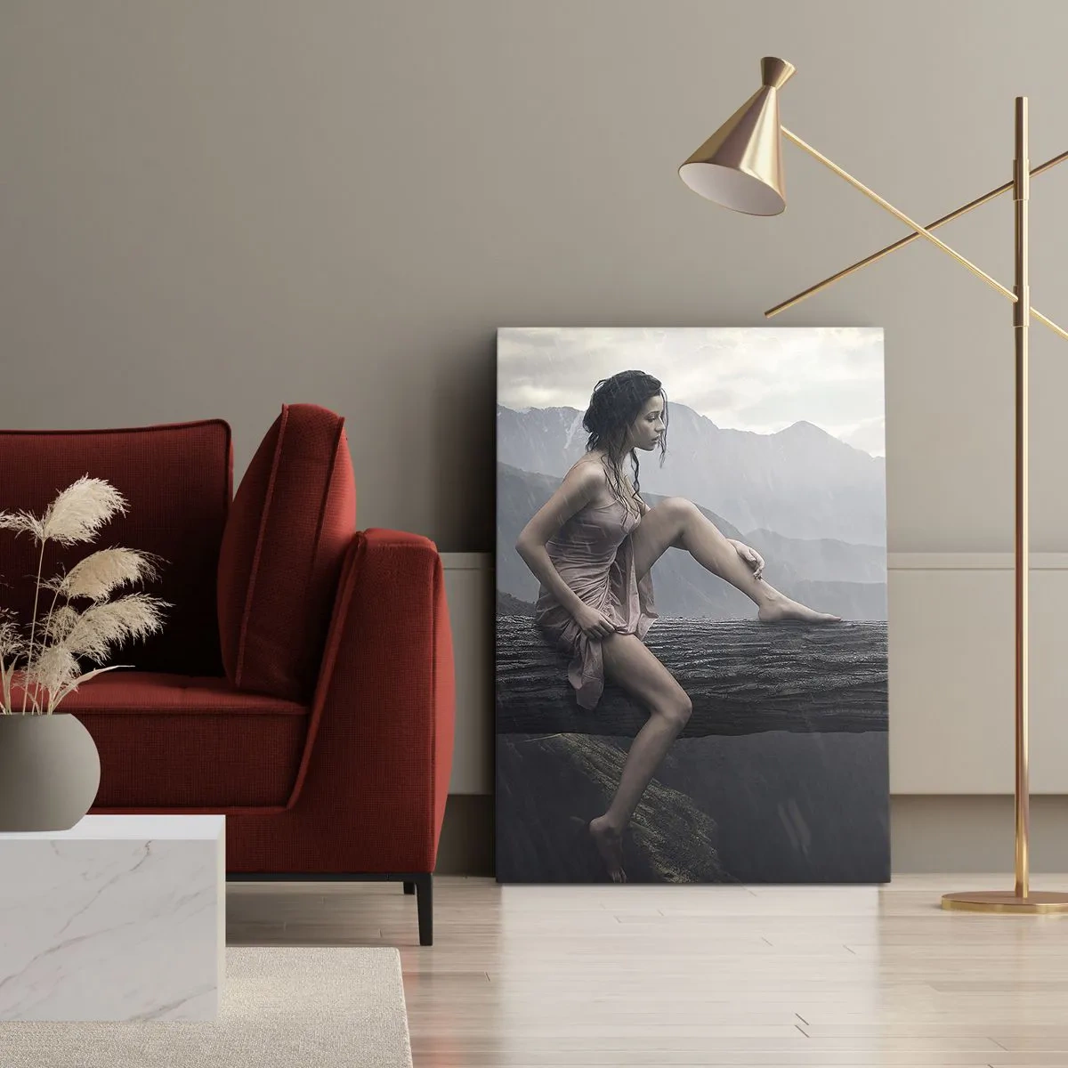 Obraz na płótnie - Kobieta i kot na pniu drzewa w deszczu z widokiem na góry - 70x100cm - Szczyty piękna - Nowoczesna dekoracja ścienna do salonu i sypialni ARTTOR