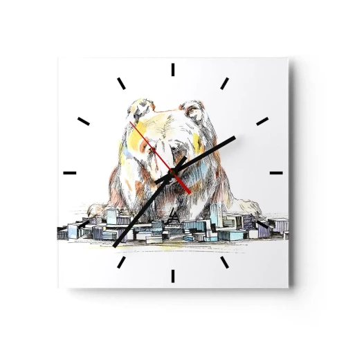 Zegar ścienny - Ilustracja niedźwiedzia z kolorowymi detalami i blokami - 30x30cm - Jak można tak żyć? - Nowoczesna dekoracja ścienna do salonu i sypialni ARTTOR