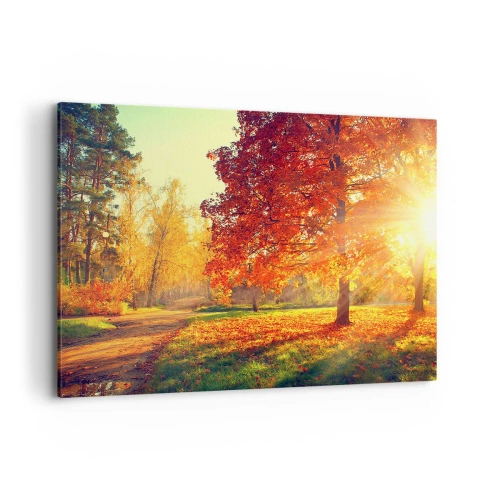 Obraz na płótnie - Jesienny park oświetlony promieniami słońca - 120x80cm - Rude jest piękne - Nowoczesna dekoracja ścienna do salonu, kuchni i sypialni ARTTOR