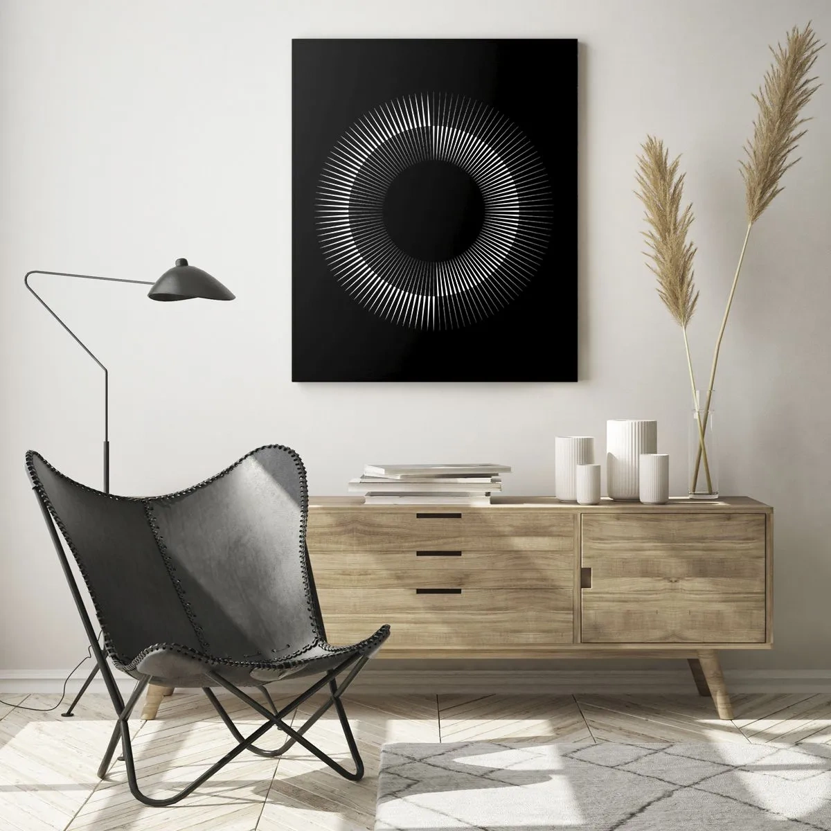Obraz na szkle - Białe promienie tworzące okrąg na czarnym tle - 50x70cm - Czarne Słońce - Nowoczesna dekoracja ścienna do salonu, kuchni i sypialni ARTTOR