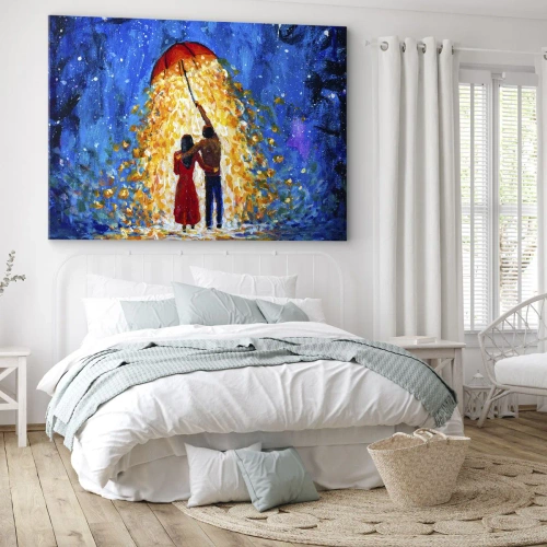 Obraz na płótnie - Magia deszczowego wieczoru? - Para pod czerwonym parasolem w świetlistym deszczu - 70x50cm