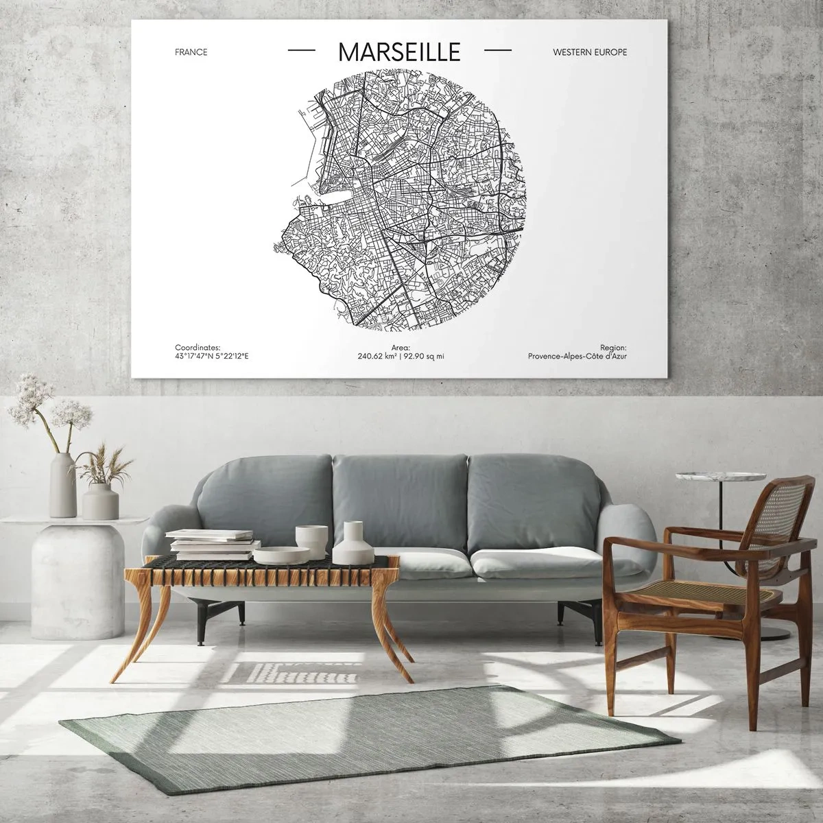 Obraz na szkle - Czarno-biała mapa miasta Marsylia w nowoczesnym stylu - 70x50cm - Anatomia Marsylii - Nowoczesna dekoracja ścienna do salonu i sypialni ARTTOR