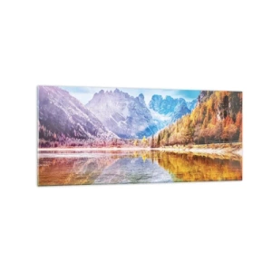 Obraz na szkle - Jesienny krajobraz górski z jeziorem - 120x50cm - A w górach już jesień - Nowoczesna dekoracja ścienna do salonu i sypialni ARTTOR