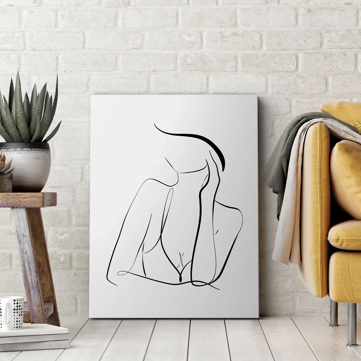 Obraz na płótnie - Minimalistyczny rysunek kobiecej sylwetki wykonany czarną linią na białym tle - 50x70cm - Na fali marzeń - Nowoczesna dekoracja ścienna do salonu, kuchni i sypialni ARTTOR
