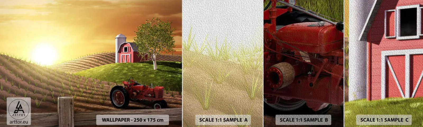 Fototapeta Próbka Premium Sand - Farma jak z bajki - Gospodarstwo Rolne, Krajobraz, Traktor - 100x30 cm