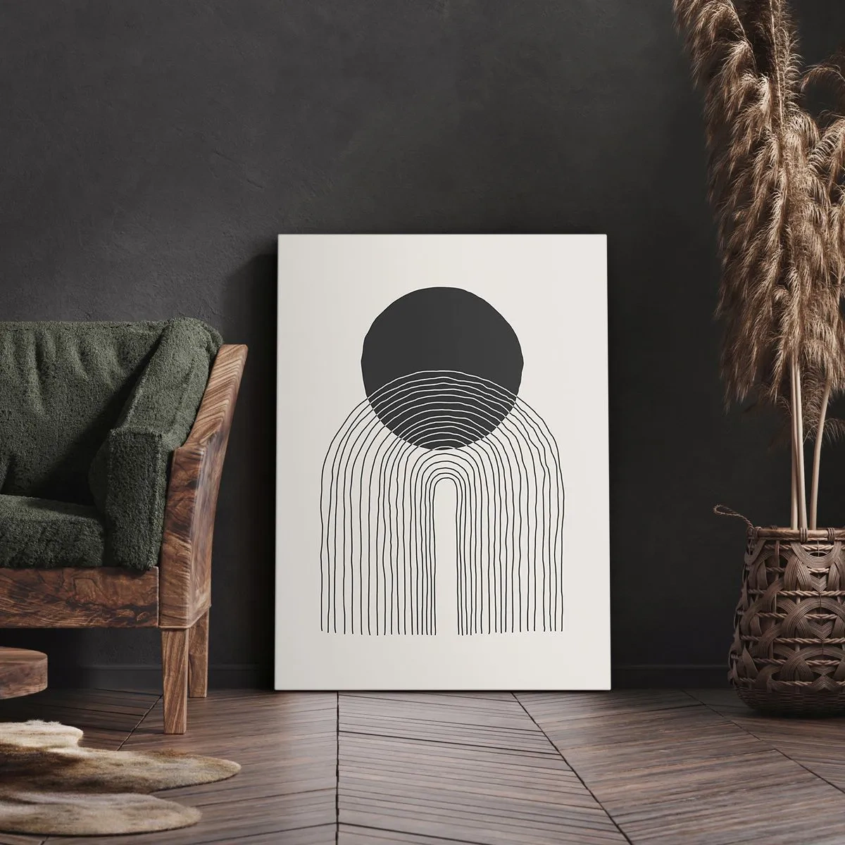 Obraz na płótnie - Minimalistyczna grafika z czarnym kołem i liniowym łukiem - 50x70cm - Drżenie i pewność - Nowoczesna dekoracja ścienna do salonu, kuchni i sypialni ARTTOR