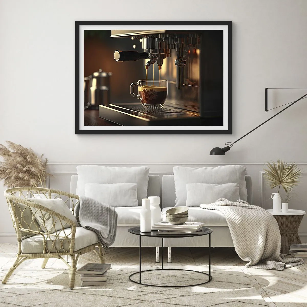 Plakat w czarnej ramie - Ekspres do kawy z filiżanką aromatycznego espresso - 70x50cm - Zmysłowa mikstura - Nowoczesna dekoracja ścienna do salonu i sypialni ARTTOR