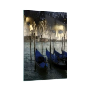 Obraz na szkle - Weneckie maski karnawałowe i gondole na tle miasta i wody - 70x100cm - Karnawał czas zacząć - Nowoczesna dekoracja ścienna do salonu i sypialni ARTTOR