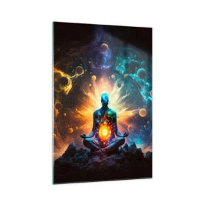 Obraz na szkle - Postać w medytacji otoczona kosmiczną aurą - 70x100cm - Kosmiczny spokój - Nowoczesna dekoracja ścienna do salonu i sypialni ARTTOR