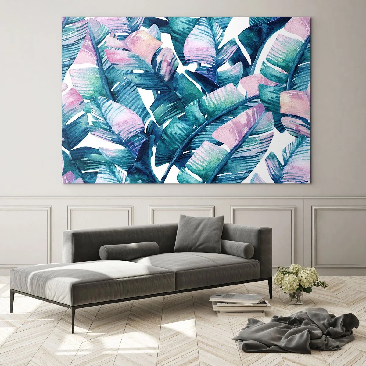 Obraz na szkle - Liście bananowca w pastelowych odcieniach na białym tle - 70x50cm - W bananowym gaju - Nowoczesna dekoracja ścienna do salonu i sypialni ARTTOR