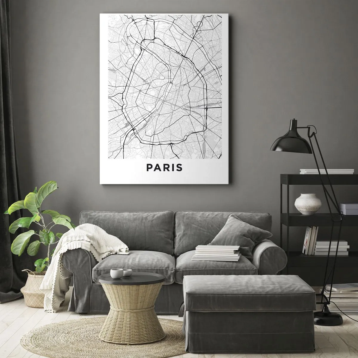 Obraz na płótnie - Minimalistyczna mapa Paryża w czarno-białym stylu - 50x70cm - Kwiat Paryża - Nowoczesna dekoracja ścienna do salonu, kuchni i sypialni ARTTOR