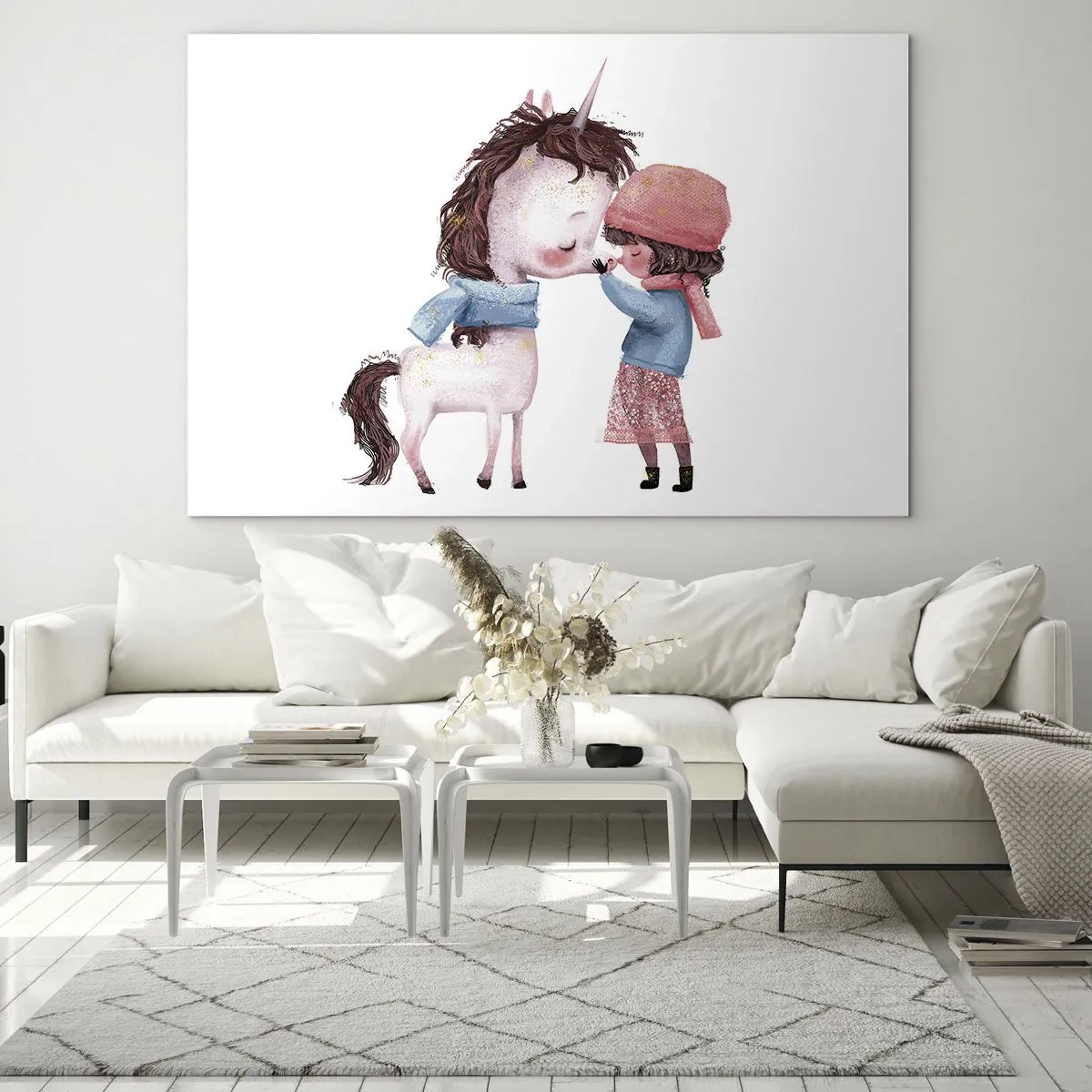 Obraz na szkle - Dziewczynka i jednorożec w zimowej scenerii - 70x50cm - Zimowa opowieść - Nowoczesna dekoracja ścienna do salonu i sypialni ARTTOR