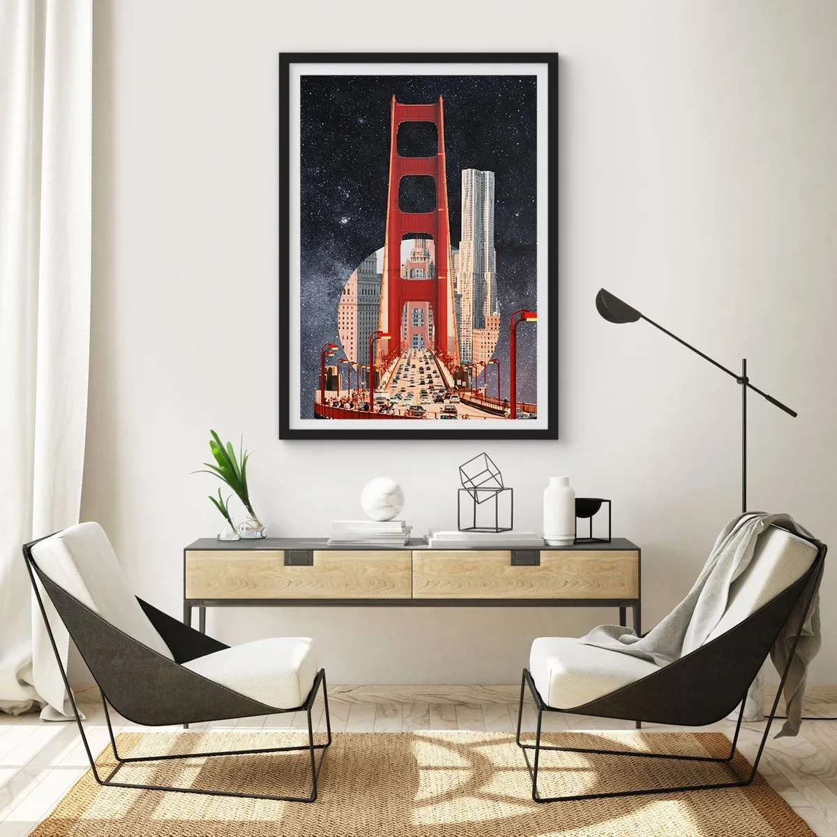 Plakat w czarnej ramie - Most i wieżowce na tle gwiaździstego nieba - 50x70cm - Zawsze w centrum - Nowoczesna dekoracja ścienna do salonu i sypialni ARTTOR