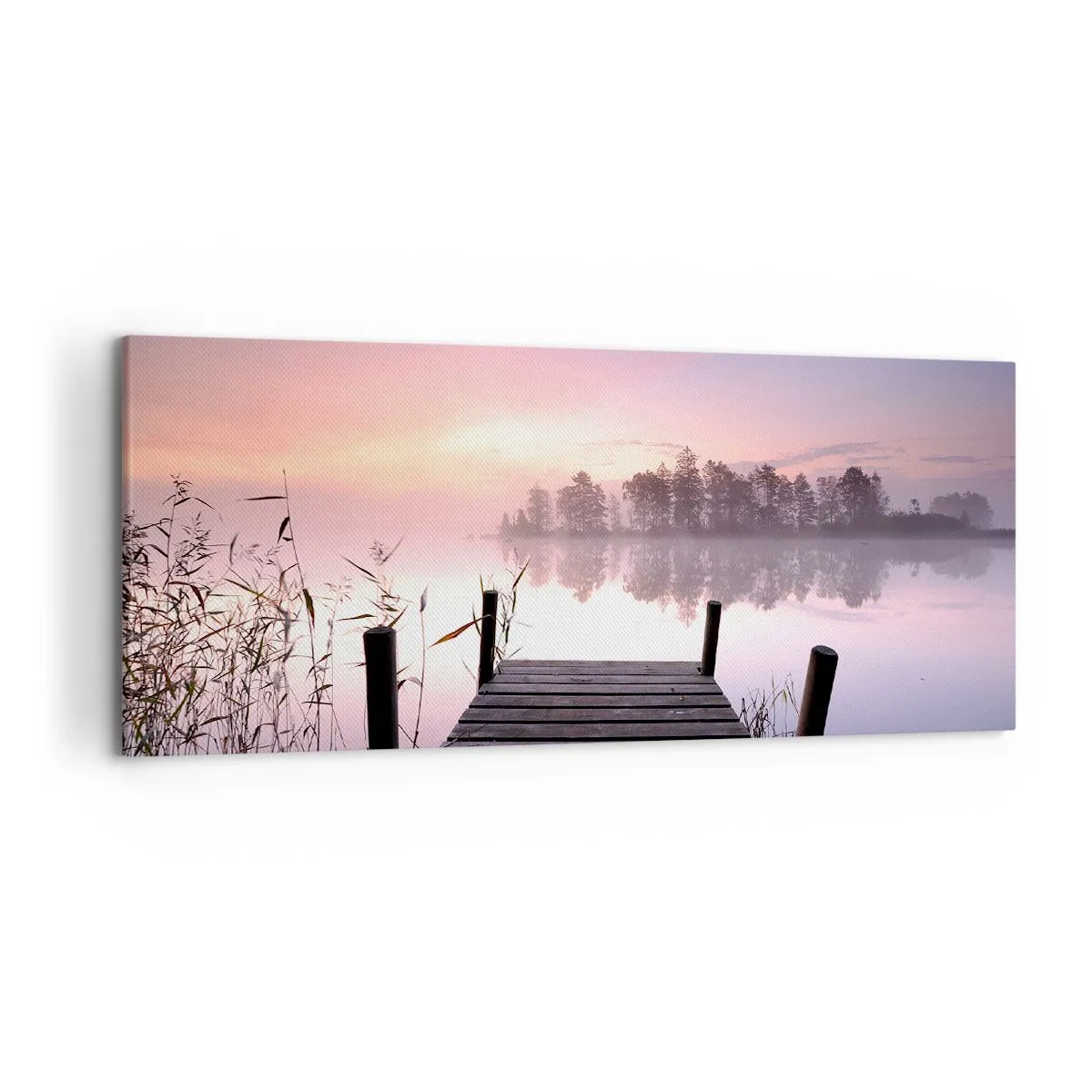Obraz na płótnie - Pomost nad jeziorem o świcie z mgłą i pastelowym niebem - 120x50cm - Z liliowej mgły... - Nowoczesna dekoracja ścienna do salonu i sypialni ARTTOR