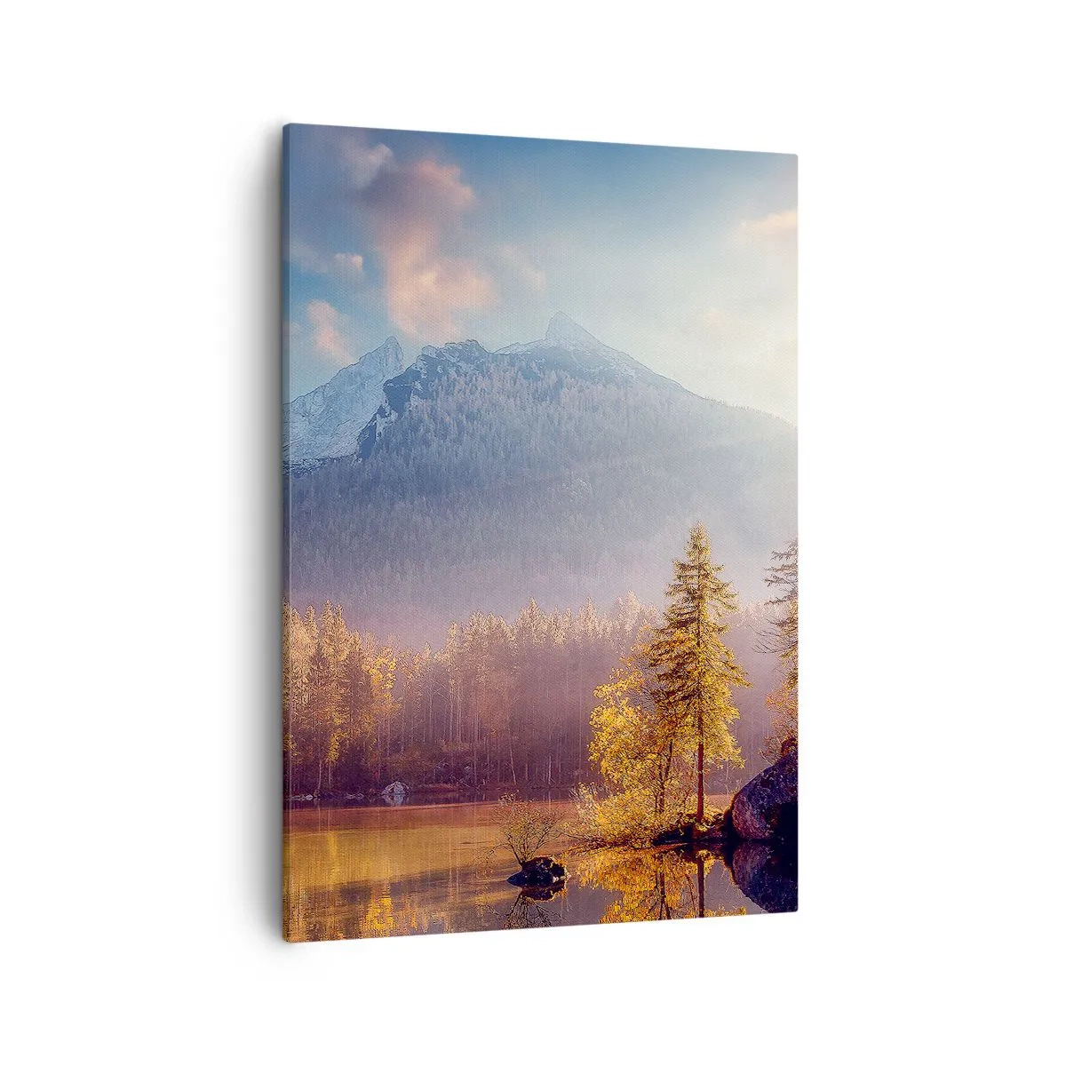 Obraz na płótnie - Malowniczy górski krajobraz z jeziorem i jesiennymi drzewami - 50x70cm - W górach i dolinach - Nowoczesna dekoracja ścienna do salonu, kuchni i sypialni ARTTOR