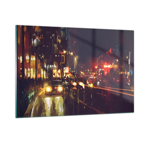 Obraz na szkle - Miejski nocny krajobraz z samochodami i światłami ulicznymi - 120x80cm - Zatopiona w światłach nocy - Nowoczesna dekoracja ścienna do salonu, kuchni i sypialni ARTTOR
