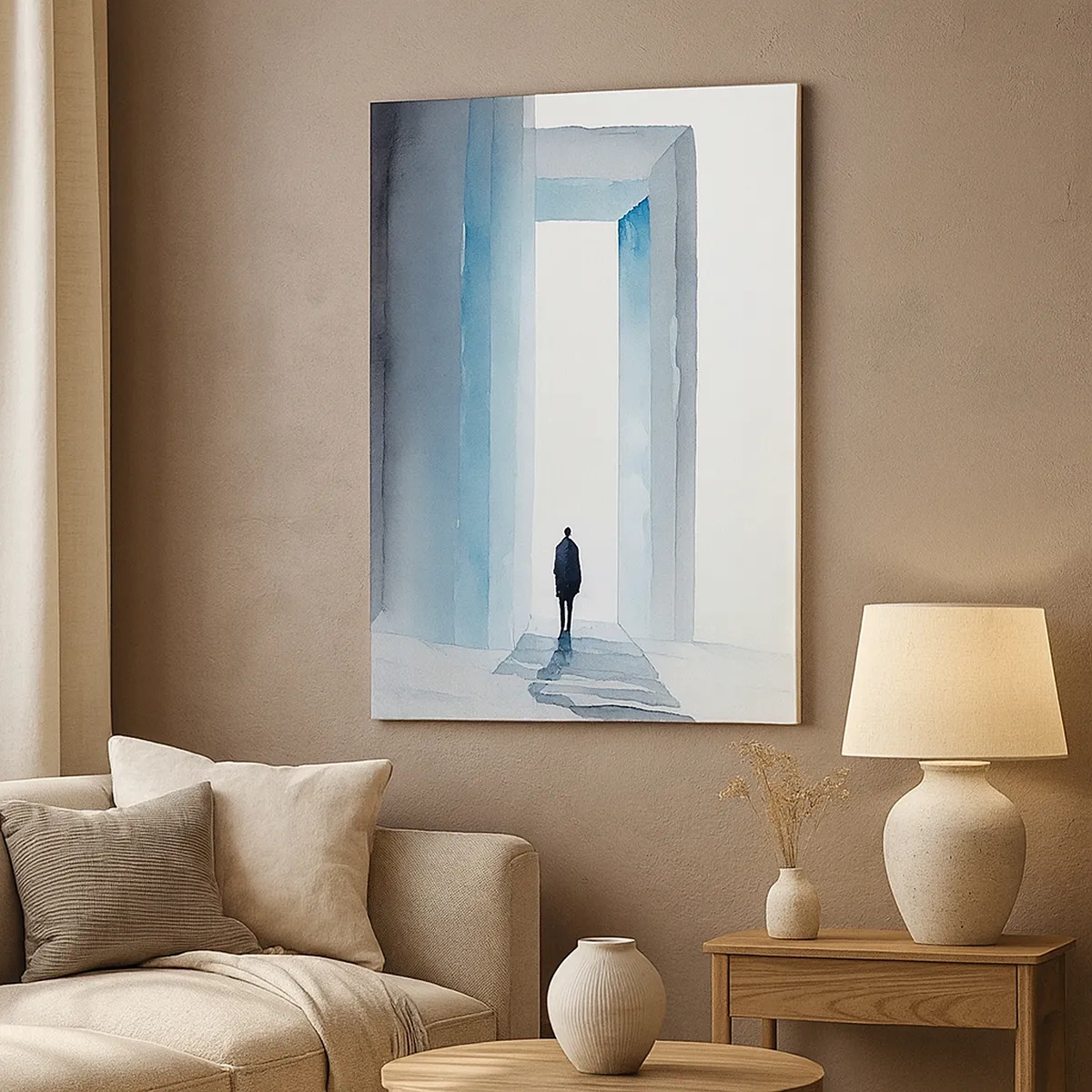 Obraz na płótnie - Sylwetka człowieka w abstrakcyjnej przestrzeni z monumentalnymi portalami - 50x70cm - Żyj bez ograniczeń - Nowoczesna dekoracja ścienna do salonu, kuchni i sypialni ARTTOR