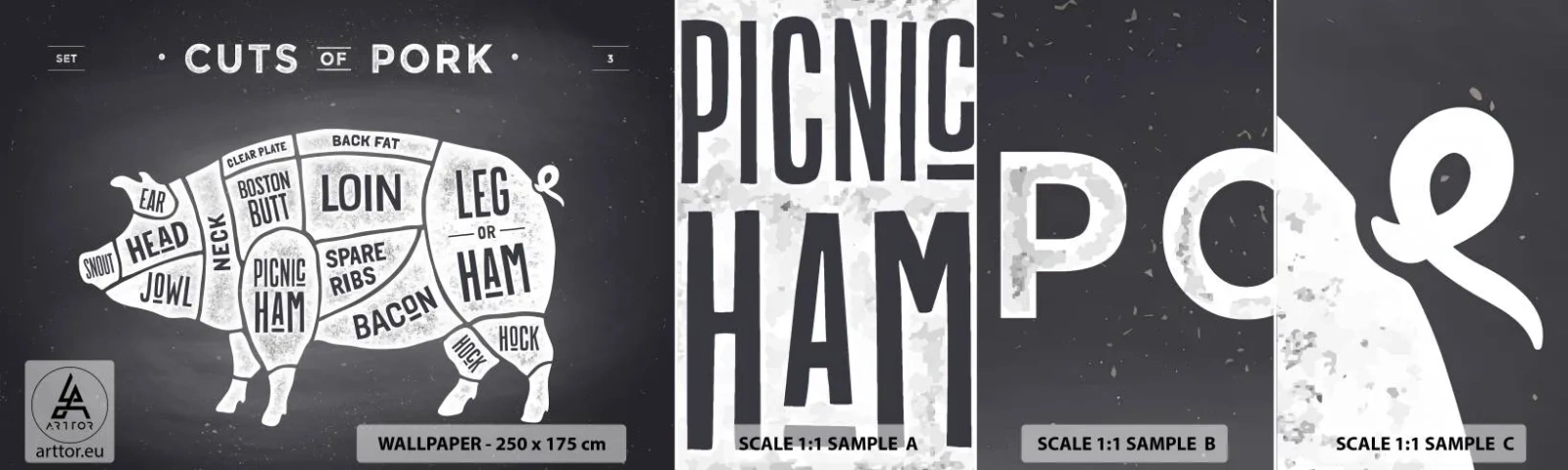 Fototapeta Próbka Samoprzylepna Deluxe Sticker - Elementarz masarza - Gastronomia, Zwierzę Świnia, Wieprzowina - 100x30 cm