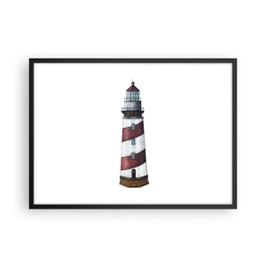 Plakat w czarnej ramie - Rysunkowy obraz latarni morskiej z czerwono-białymi pasami na minimalistycznym tle - 70x50cm - Zawsze na straży - Nowoczesna dekoracja ścienna do salonu i sypialni ARTTOR