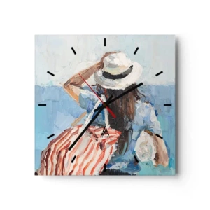 Zegar ścienny - Kobieta w kapeluszu na tle błękitnego morza - 30x30cm - Witaj na wakacjach - Nowoczesna dekoracja ścienna do salonu i sypialni ARTTOR