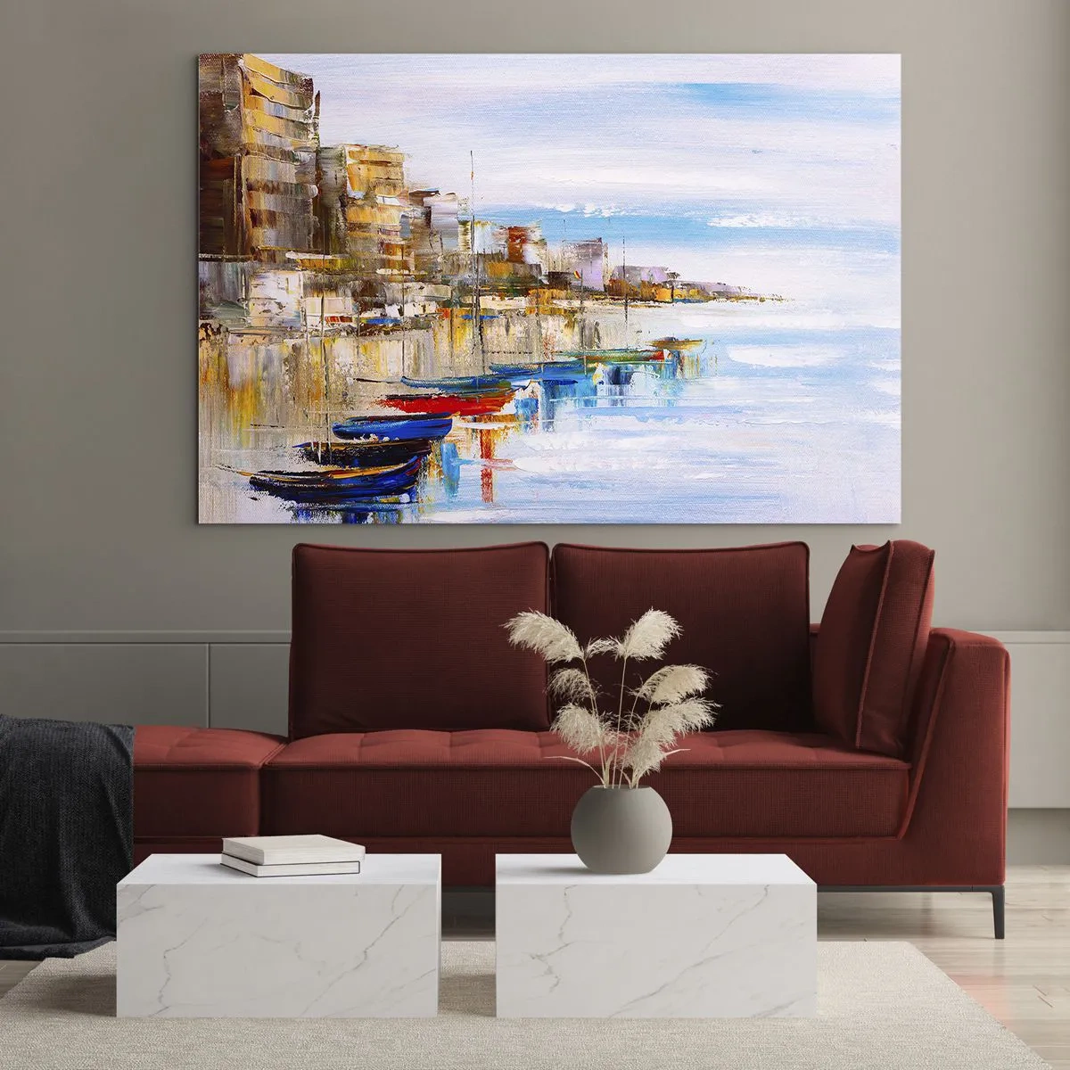 Obraz na szkle - Kolorowe łodzie cumujące przy miejskim nabrzeżu - 70x50cm - Wielobarwna miejska przystań - Nowoczesna dekoracja ścienna do salonu i sypialni ARTTOR