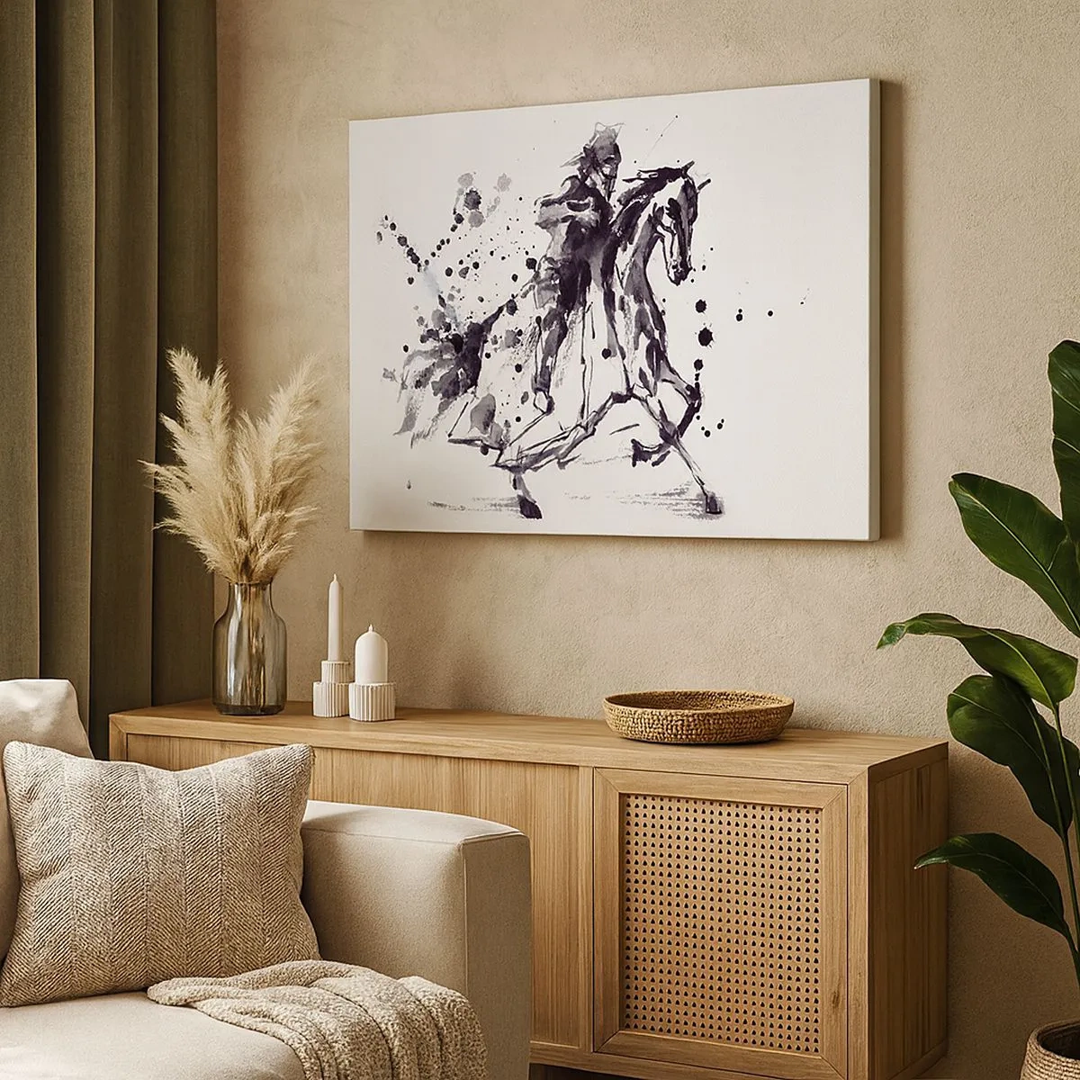 Obraz na płótnie - Czarno-biała akwarela jeźdźca na galopującym koniu - 70x50cm - Czarny rycerz - Nowoczesna dekoracja ścienna do salonu i sypialni ARTTOR