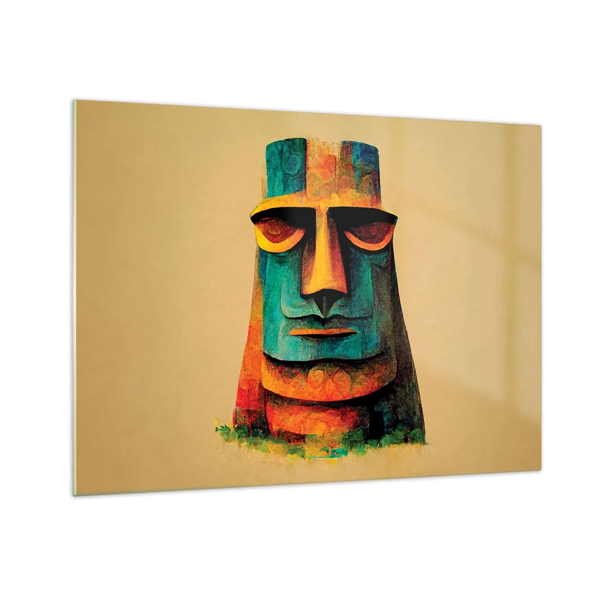 Obraz na szkle - Kolorowy portret inspirowany kamiennym posągiem na beżowym tle - 70x50cm - Posągowy, a sympatyczny - Nowoczesna dekoracja ścienna do salonu i sypialni ARTTOR