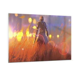 Obraz na szkle - Postać w zbroi wśród pomarańczowych traw z świetlistym tłem - 120x80cm - Błędny rycerz - Nowoczesna dekoracja ścienna do salonu, kuchni i sypialni ARTTOR