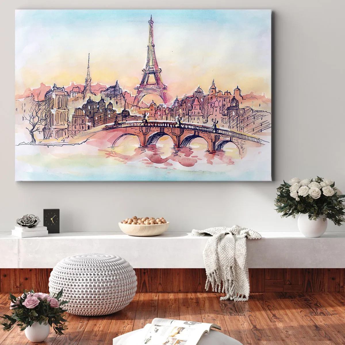 Obraz na płótnie - Akwarelowa panorama Paryża z wieżą Eiffla o zachodzie - 70x50cm - Jedyne takie miasto w świecie - Nowoczesna dekoracja ścienna do salonu i sypialni ARTTOR