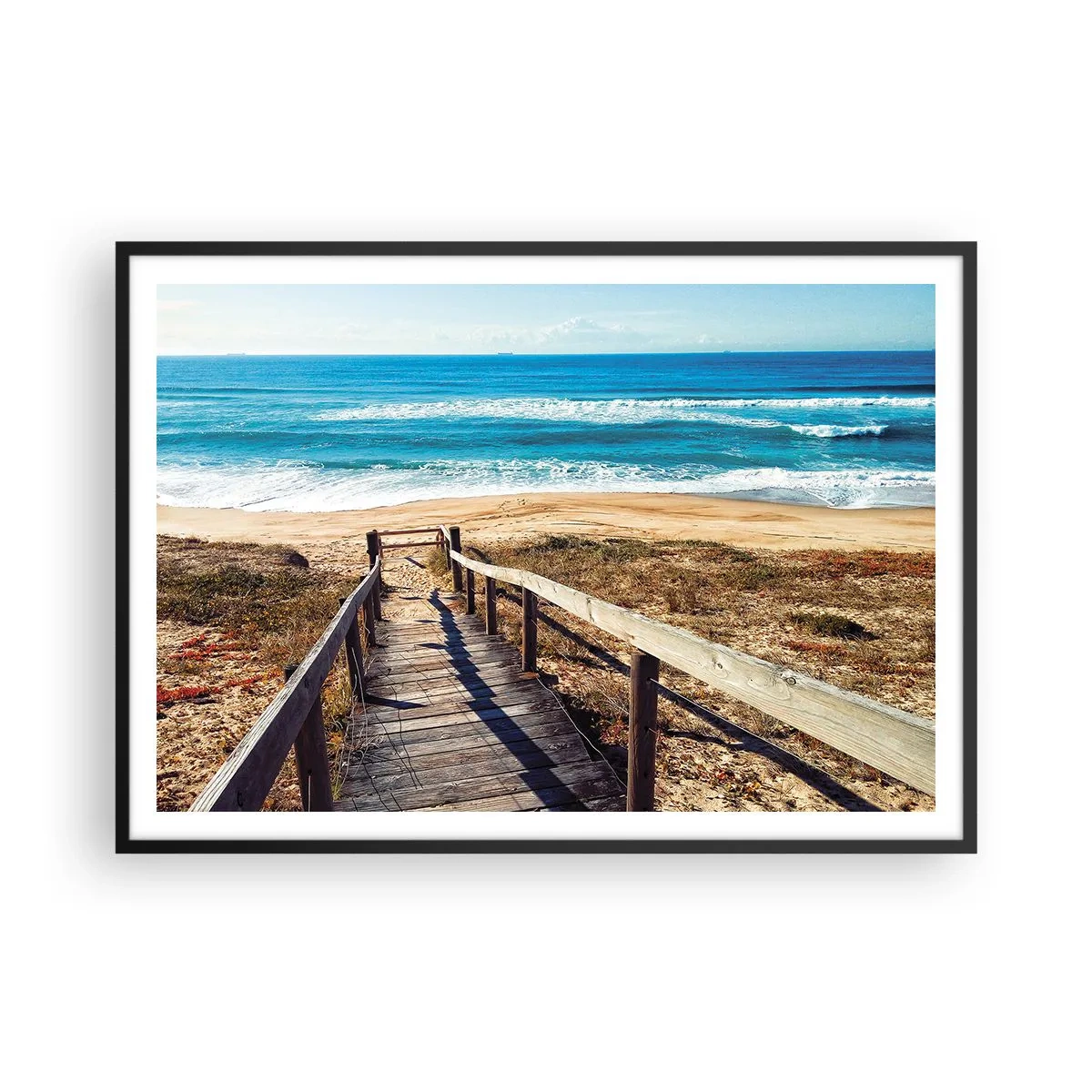 Plakat w czarnej ramie - Drewniana ścieżka prowadząca na plażę - 100x70cm - Biegnij! - Nowoczesna dekoracja ścienna do salonu i sypialni ARTTOR