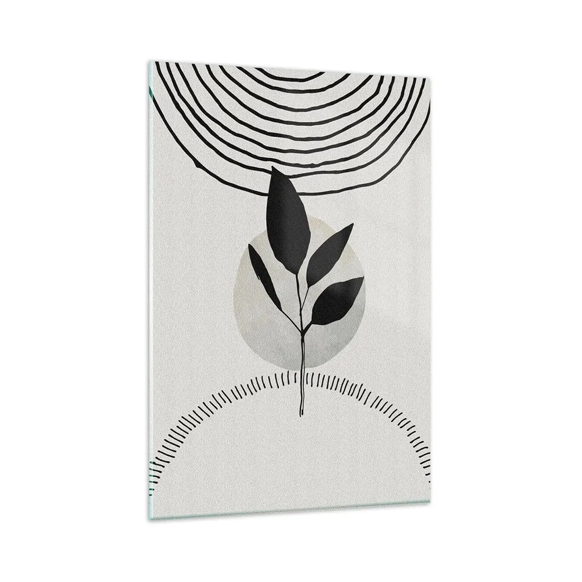 Obraz na szkle - Minimalistyczna ilustracja rośliny z geometrycznymi elementami w czerni i bieli - 80x120cm - Kompozycja: rytuały natury - Nowoczesna dekoracja ścienna do salonu i sypialni ARTTOR