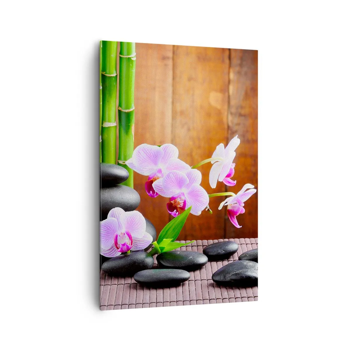 Obraz na płótnie - Bambus, kamienie i różowe orchidee w stylu Zen na tle drewna - 80x120cm - Poznaj przyjemności wschodu - Nowoczesna dekoracja ścienna do salonu i sypialni ARTTOR