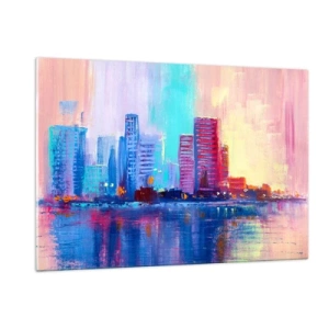 Obraz na szkle - Nowoczesne miasto w intensywnych barwach odbijające się w wodzie - 120x80cm - Skąpane w barwach - Nowoczesna dekoracja ścienna do salonu, kuchni i sypialni ARTTOR