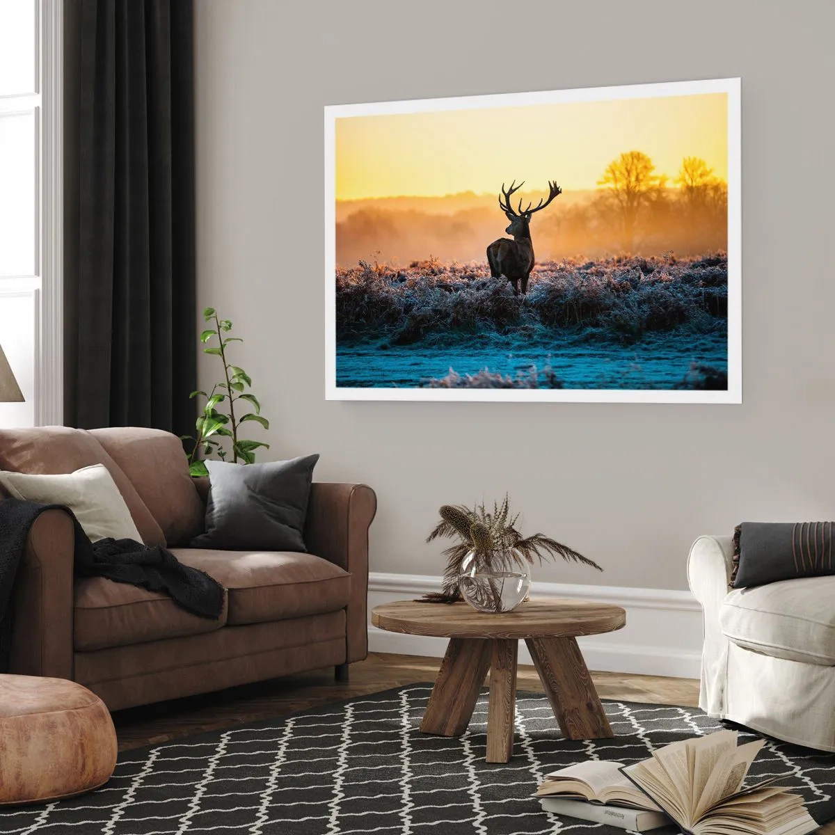 Plakat - Jeleń na mroźnej polanie o wschodzie słońca - 100x70cm - Koronowany na swoich włościach - Nowoczesna dekoracja ścienna do salonu i sypialni ARTTOR