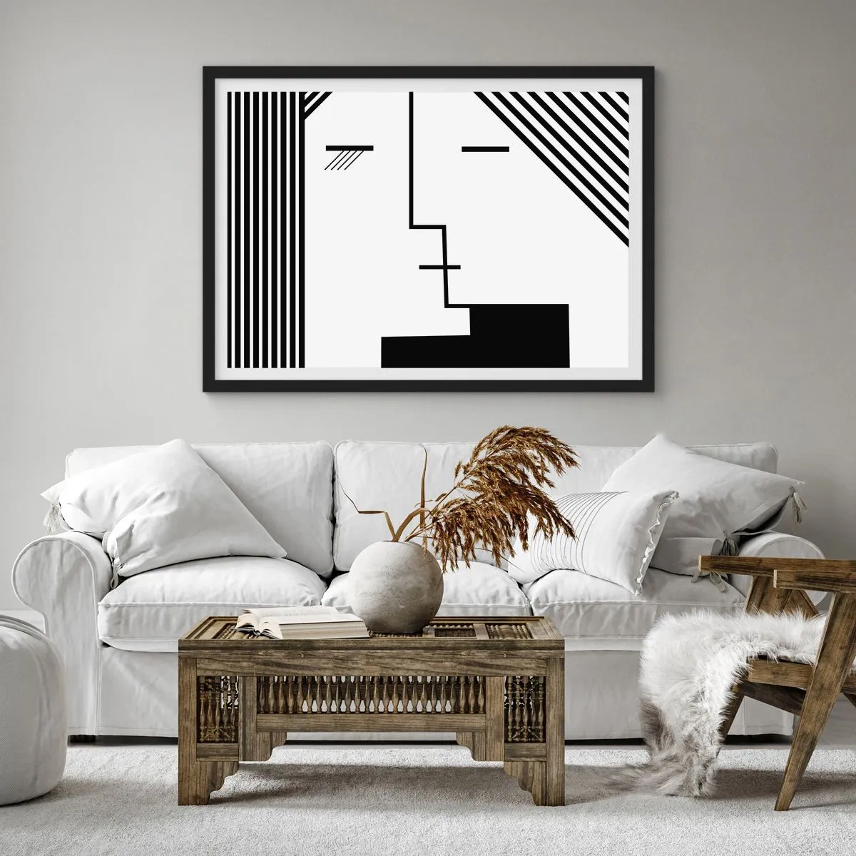 Plakat w czarnej ramie - Geometryczna abstrakcja przedstawiająca pocałunek w czerni i bieli - 70x50cm - Po prostu pocałunek - Nowoczesna dekoracja ścienna do salonu i sypialni ARTTOR
