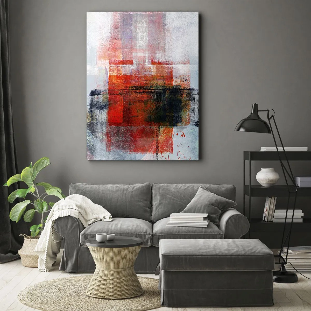 Obraz na płótnie - Abstrakcyjna kompozycja w odcieniach czerwieni, pomarańczu i błękitu - 50x70cm - Kompozycja rozżarzona - Nowoczesna dekoracja ścienna do salonu, kuchni i sypialni ARTTOR