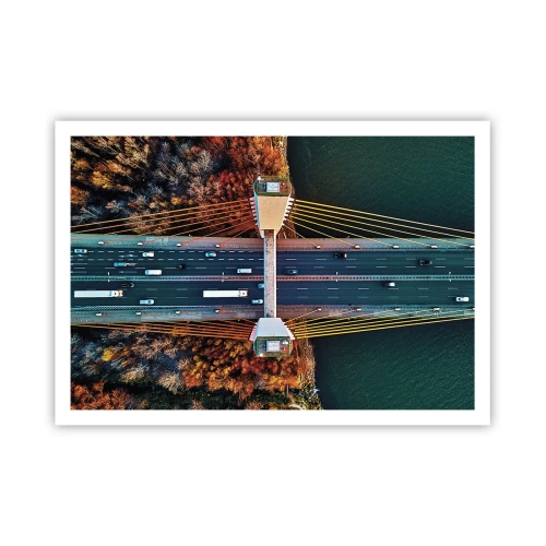 Plakat - Most widziany z lotu ptaka nad rzeką i jesiennym krajobrazem - 100x70cm - ZA wodami, za lasami - Nowoczesna dekoracja ścienna do salonu i sypialni ARTTOR