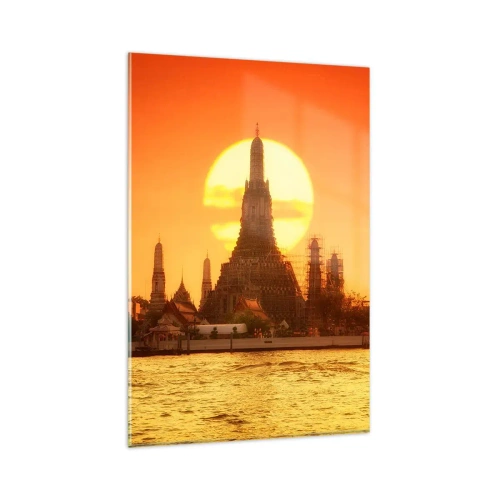 Obraz na szkle - Zachód słońca nad świątynią z odbiciem w wodzie - 80x120cm - Ku słońcu, zawsze ku słońcu - Nowoczesna dekoracja ścienna do salonu i sypialni ARTTOR