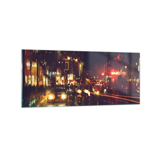 Obraz na szkle - Nocna scena miasta z kolorowymi światłami i refleksami na ulicy - 120x50cm - Zatopiona w światłach nocy - Nowoczesna dekoracja ścienna do salonu i sypialni ARTTOR