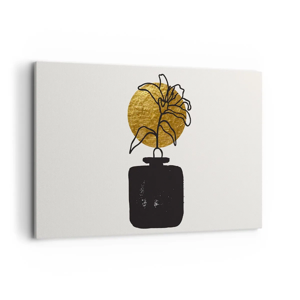 Obraz na płótnie - Rysunkowy kwiat w wazonie na tle złotego okręgu - 120x80cm - Piękno na wagę złota - Nowoczesna dekoracja ścienna do salonu, kuchni i sypialni ARTTOR