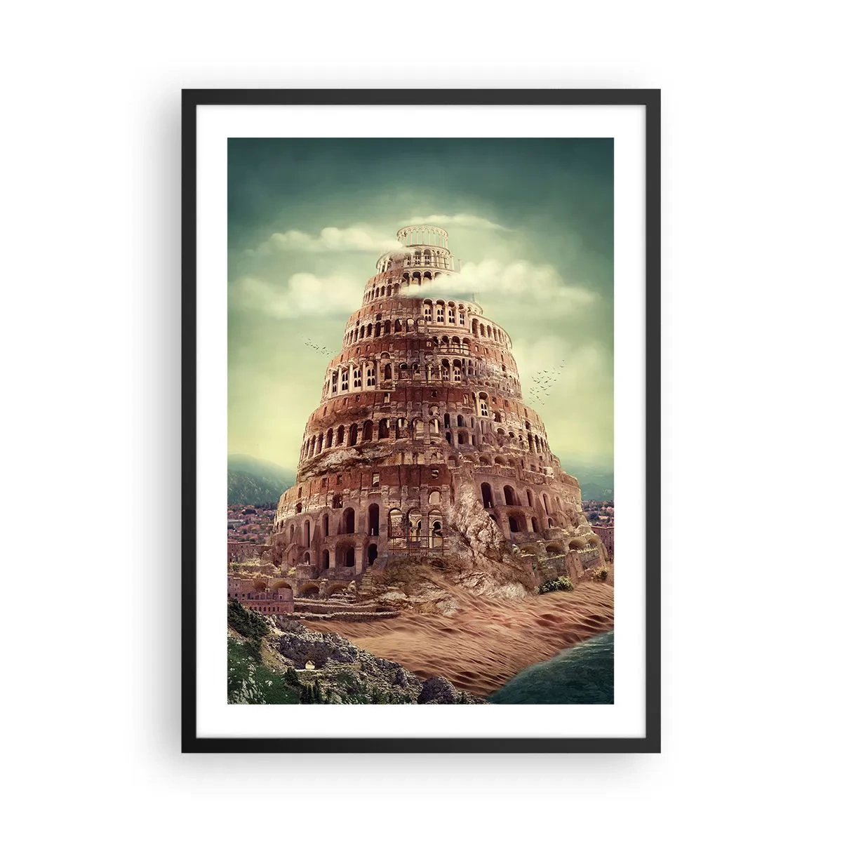 Plakat w czarnej ramie - Mityczna wieża Babel w malowniczym pejzażu - 50x70cm - Wieża Babel - Nowoczesna dekoracja ścienna do salonu i sypialni ARTTOR