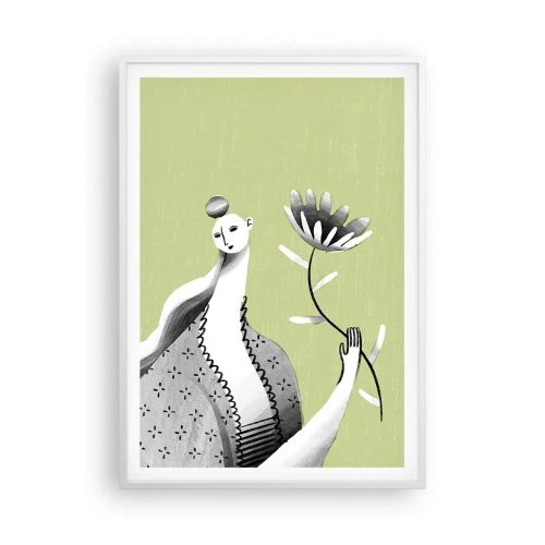 Plakat w białej ramie - Portret modernistyczny – trzymająca kwiat - 70x100 cm