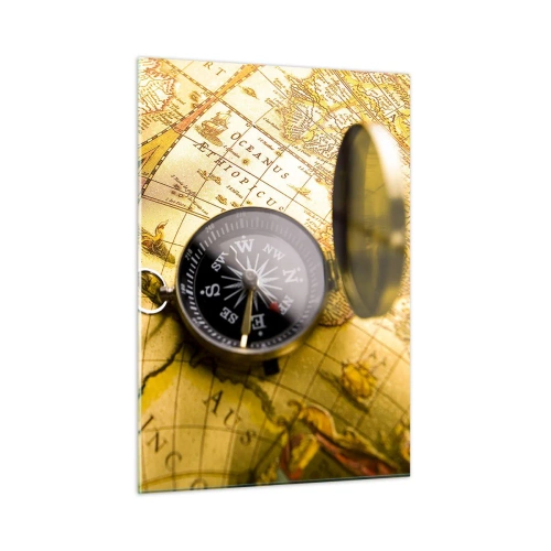 Obraz na szkle - Złota mapa z kompasem jako akcentem przygodowym - 50x70cm - A może na kraniec świata? - Nowoczesna dekoracja ścienna do salonu, kuchni i sypialni ARTTOR