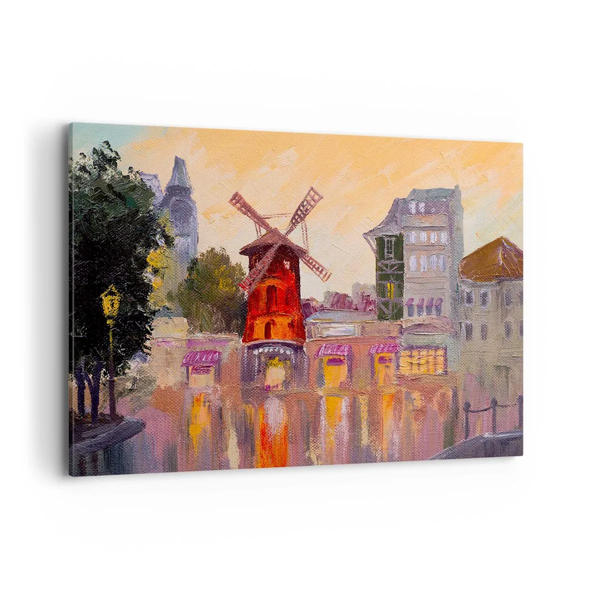 Obraz na płótnie - Czerwony wiatrak Moulin Rouge otoczony miejskim pejzażem - 120x80cm - Paryskie ikony – Moulin Rouge - Nowoczesna dekoracja ścienna do salonu, kuchni i sypialni ARTTOR