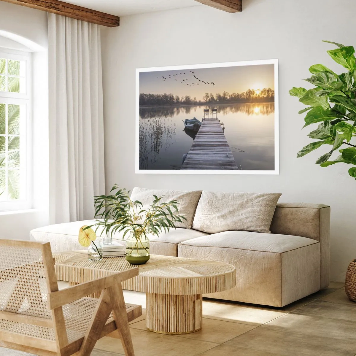 Plakat - Pomost nad jeziorem o poranku z łódką i krzesłami - 100x70cm - Wrócę za jakiś czas - Nowoczesna dekoracja ścienna do salonu i sypialni ARTTOR