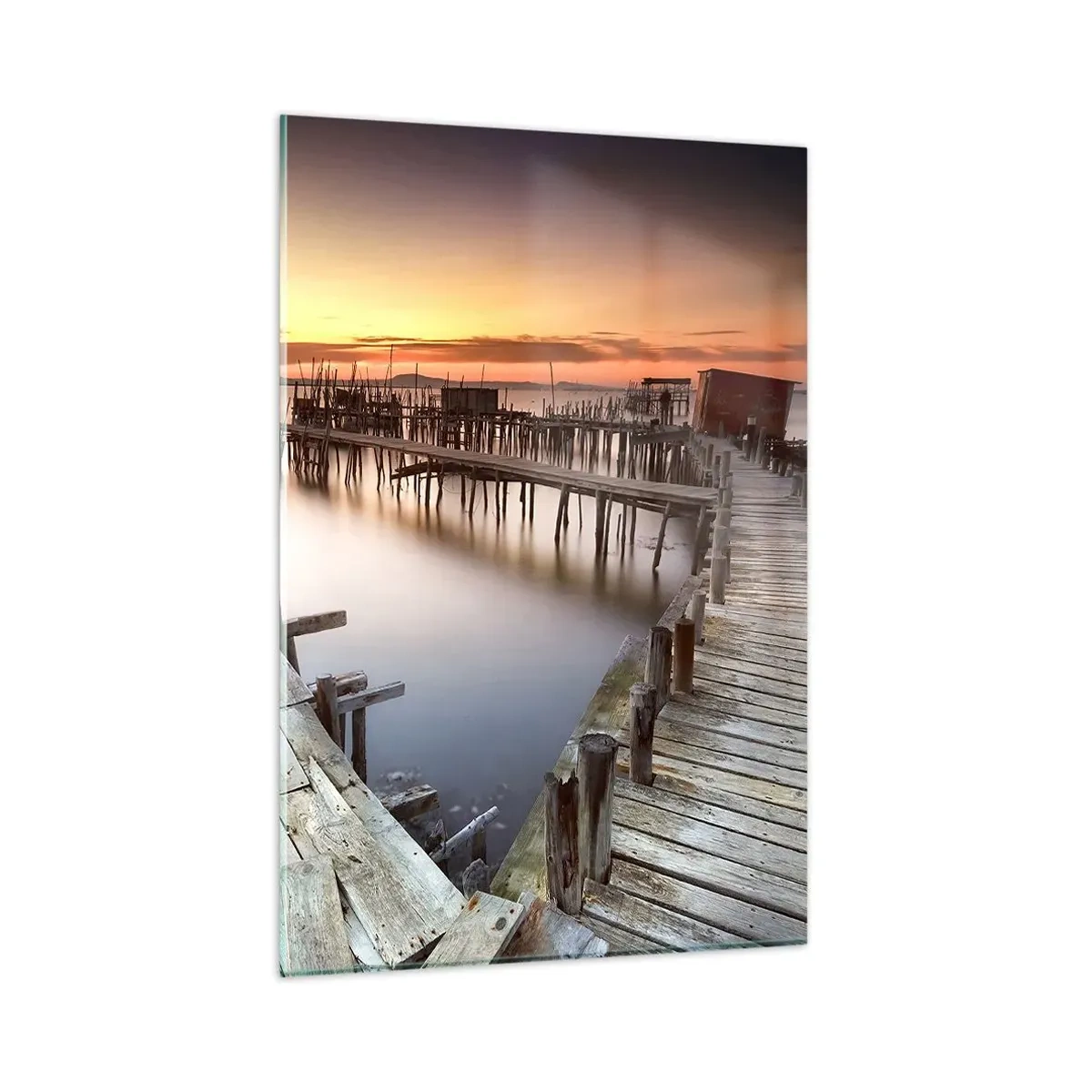 Obraz na szkle - Drewniane pomosty na spokojnej wodzie o zachodzie słońca - 80x120cm - Autentyk, nie turystyczna atrapa - Nowoczesna dekoracja ścienna do salonu i sypialni ARTTOR