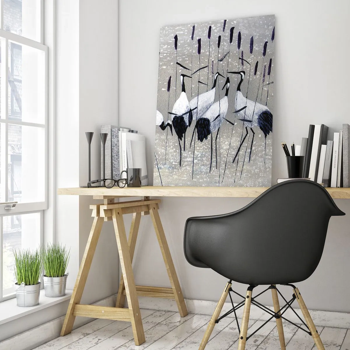 Obraz na szkle - Cztery żurawie wśród trzciny nad jeziorem - 50x70cm - Wśród swoich - Nowoczesna dekoracja ścienna do salonu, kuchni i sypialni ARTTOR